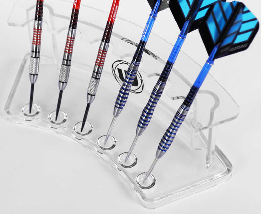 Winmau Wave Dart Display Stand holding six darts in a clear curved acrylic holder