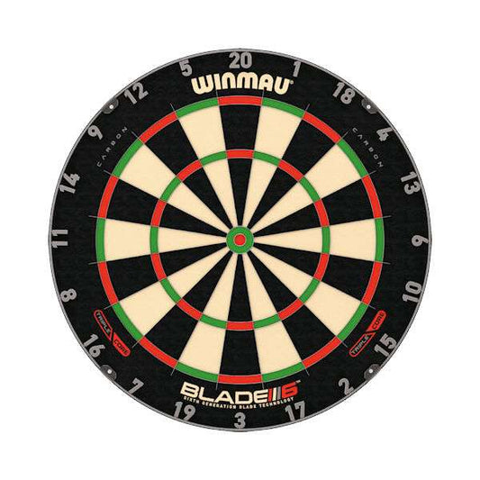 Winmau Blade 6 dartboard with natural sisal, black, cream, red and green segmented target rings
