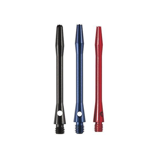 Set of anodized alloy shafts in black, blue, and red with cross-hole locking and super slotted design.