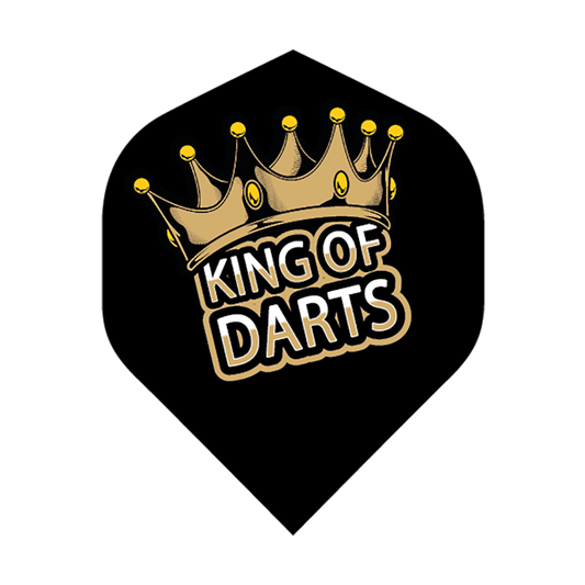 BD King of Darts flights with black background and gold crown design, durable 100 Micron standard size set of 3 flights