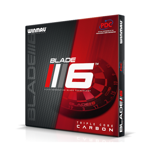 Winmau Blade 6 Triple Core Carbon dartboard box in black and red, featuring PDC branding and Blade 6 graphics