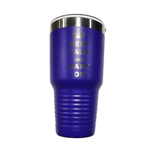 30 oz purple Polar Tumbler with "Keep Calm and Dart On" text for hot and cold beverages