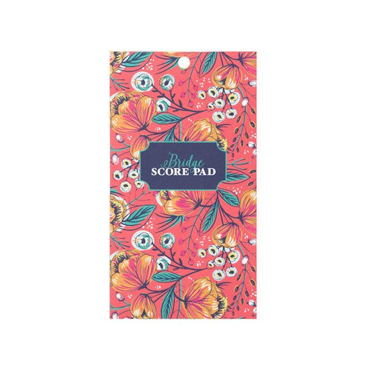 Colorful floral bridge score pad with 40 sheets measuring 4 by 7.25 inches