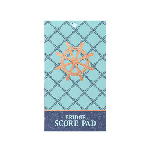 Blue bridge score pad with orange ship wheel design and 40 sheets measuring 4 by 7.25 inches