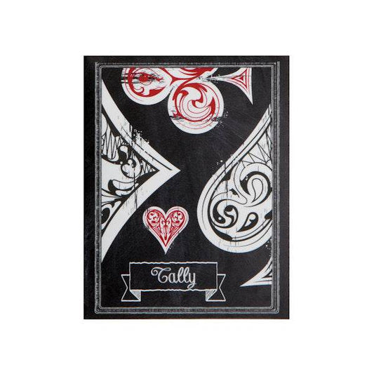 Black and white decorative bridge tally card with red heart and spade design
