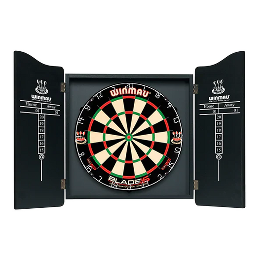Winmau Man Cave Cabinet with veneer effect, magnetic closure, and Home and Away scoring panels for dartboards