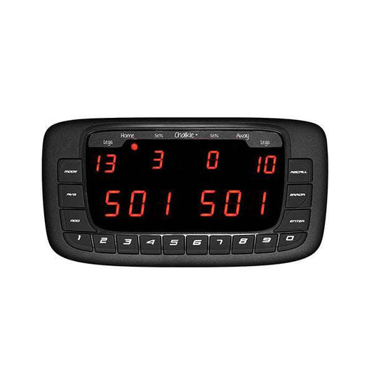 Chalkie+ Electronic dart scorer with LED display for sets, legs, and scores, advanced tracking for competitive play.