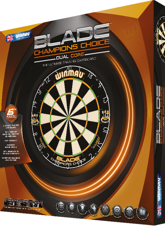 Winmau Champions Choice Dual Core dartboard with ultra-thin wiring, high visibility colors, and durable carbon diffusion technology for precise and high-scoring play.