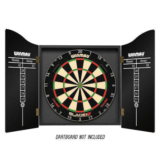 Winmau Black Cabinet deluxe veneer effect dartboard cabinet with Home and Away scoring panels and magnetic closure system