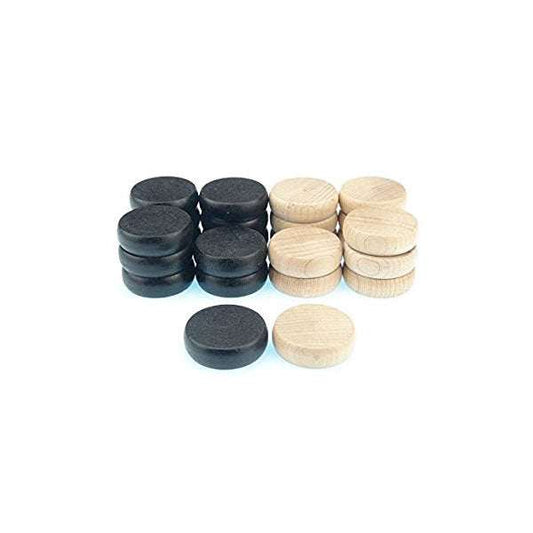 Natural and black wooden crokinole men replacement pieces stacked in two groups
