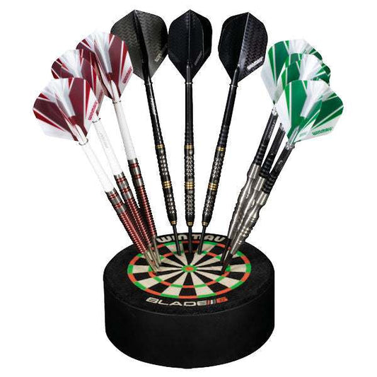 Blade 6 Dart Dock displaying six darts in a miniature dartboard style holder.