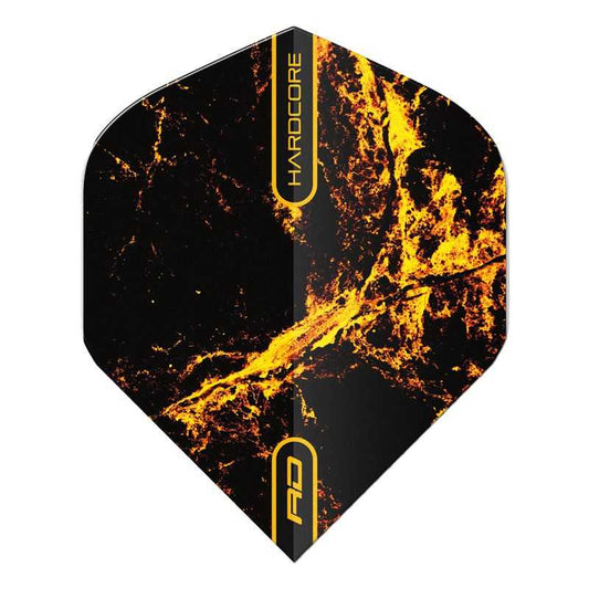 Red Dragon Hardcore Flights dart flight with black and yellow fiery design, extra thick 100 micron, 3 pack, dual-flow technology.