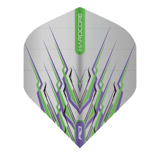 Red Dragon Hardcore Flights extra thick dart flights with green and purple design, pack of 3