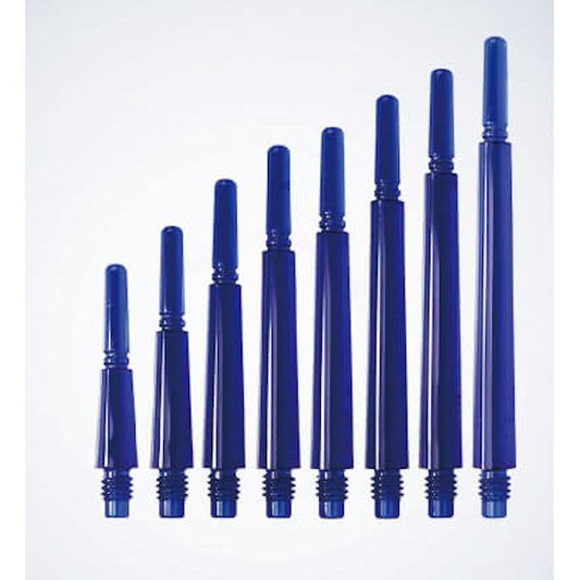 Set of blue Fit Gear Shaft dart shafts in varying lengths made from durable polycarbonate resin