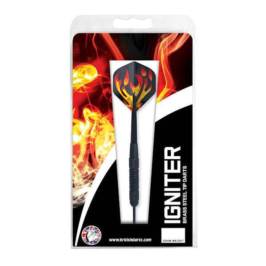 Igniter Black Brass darts with black coated brass barrels, holographic flame flights, and black nylon midi shafts in packaging with fiery background