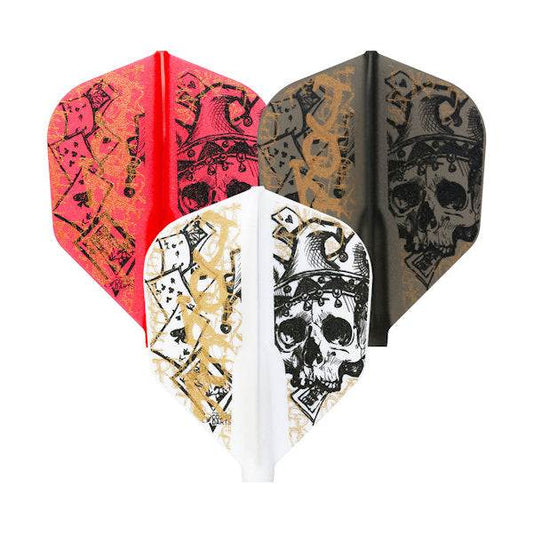 Jose Justicia Perales 3 Flight Shape darts flights set with Joker skull design in white, red, and black colors
