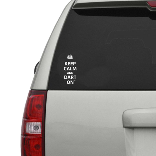 Car window decal with "Keep Calm and Dart On" text in white vinyl