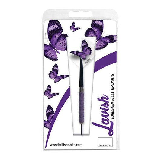 Lavish 85% Tungsten Darts with purple knurl barrel and BD Butterfly flight in packaging
