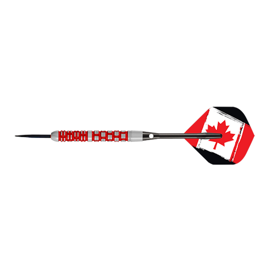 Northerner 90% tungsten dart with red maple ring grip and Canadian flag flight