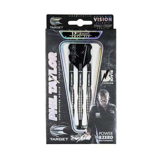 Power 8Zero Black 80% tungsten soft tip darts with laser etched grip and Vision Flights in packaging