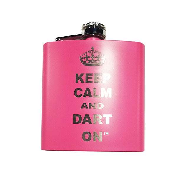 Pink 6 oz flask with Keep Calm and Dart On text and crown design Pink 6 oz flask with Keep Calm and Dart On text and crown design