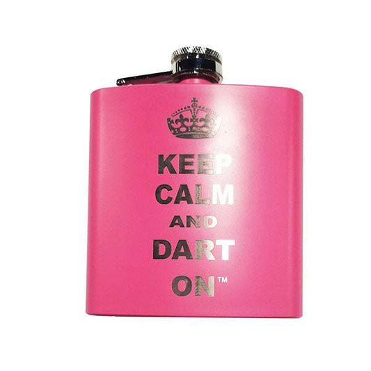Pink 6 oz flask with Keep Calm and Dart On text and crown design