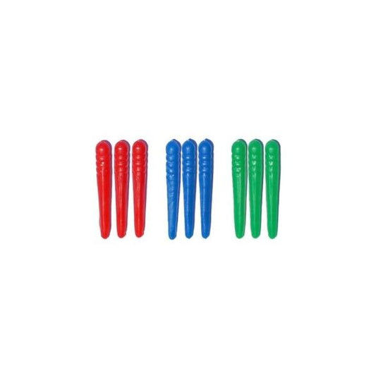Set of 9 colorful plastic cribbage pegs in red, blue, and green