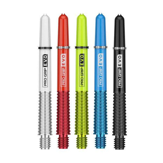 Pro Grip EVO aluminium and nylon dart shafts in five colors with radial grip grooves