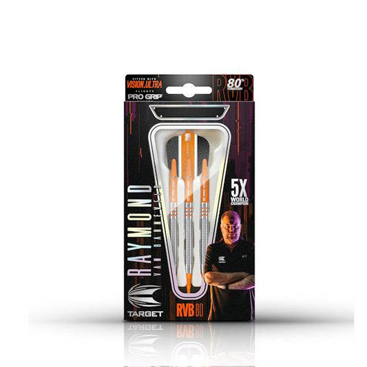 RVB80 80 tungsten soft tip darts with orange grooves and Target Pro Grip shafts in packaging endorsed by 5-time world champion Raymond Van Barneveld
