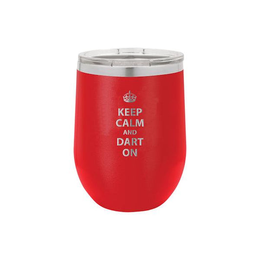 Red stainless steel stemless wine tumbler with Keep Calm Dart On text and clear lid