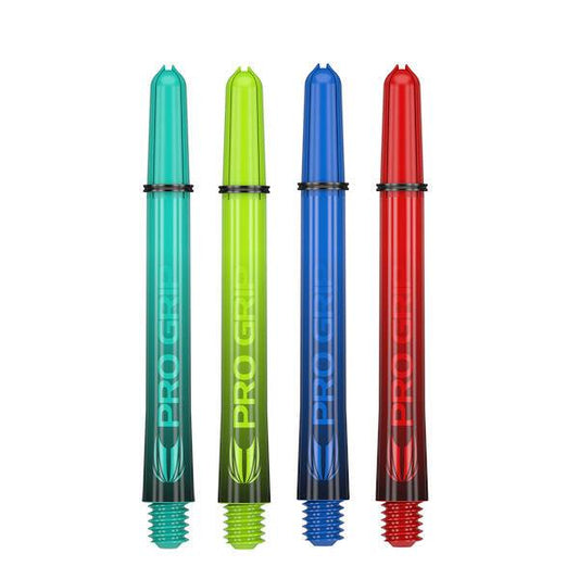 Pro Grip Sera Shafts in vibrant turquoise, lime green, blue, and red colors with threaded ends for darts