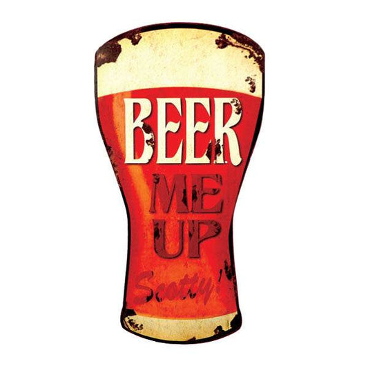 Beer sign shaped like a beer glass with "Beer Me Up Scotty" text and vintage design.