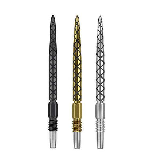 Swiss Diamond Pro Points in black, gold, and silver with laser-etched grip for Target Darts SP barrels.