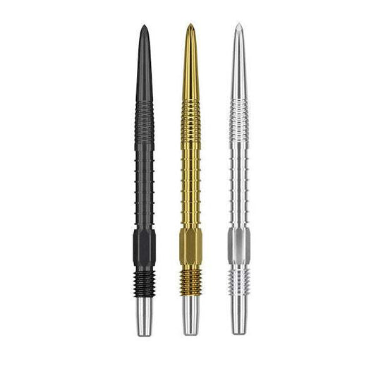 Swiss Firepoint Points interchangeable dart tips in black, gold, and silver with patented locking system for Target Darts SP barrels