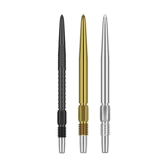 Three interchangeable Swiss Points for Target Darts in black, gold, and silver colors with patented locking system.