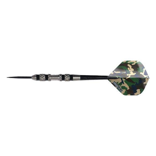 Trooper 80 tungsten dart with double knurl grip and camo flights for precision darts game