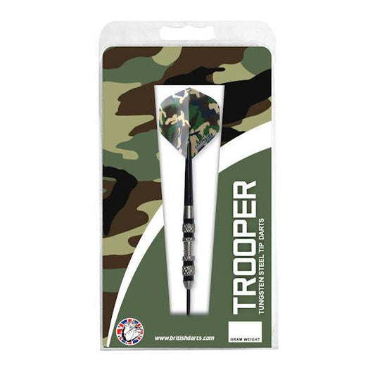 Trooper 80 tungsten steel tip dart with camo flights and black nylon shafts in packaging
