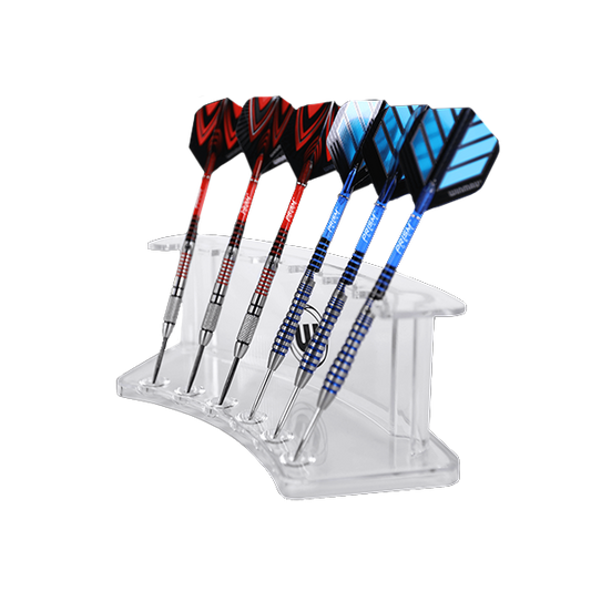 Winmau Wave Dart display stand holding two sets of assembled darts with red and blue flights