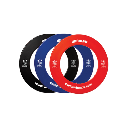 Winmau Printed Surround dartboard protective rings in black, blue, and red with Winmau and BDO logos