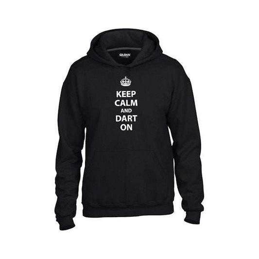 Black Adult Keep Calm and Dart On hoodie with cotton-polyester blend and front pouch pocket