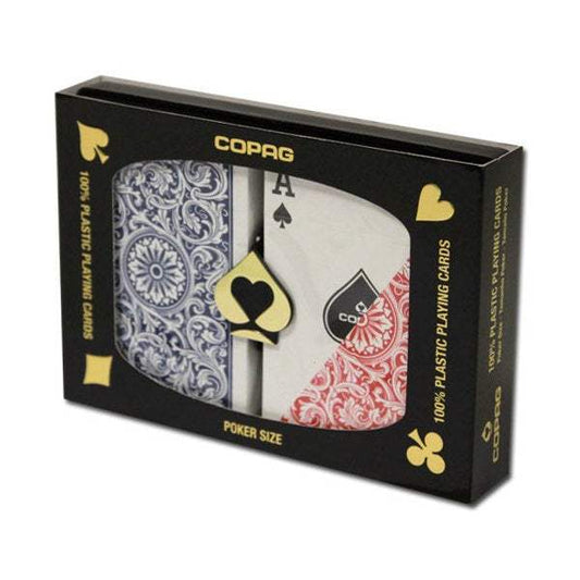 Copag 100% plastic playing cards two decks in black packaging with assorted backs