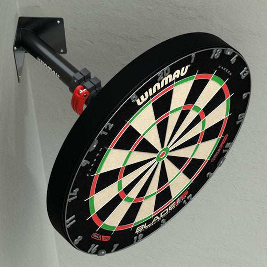 Edge Telescopic Corner dartboard bracket mounted on wall corner with a Winmau dartboard attached