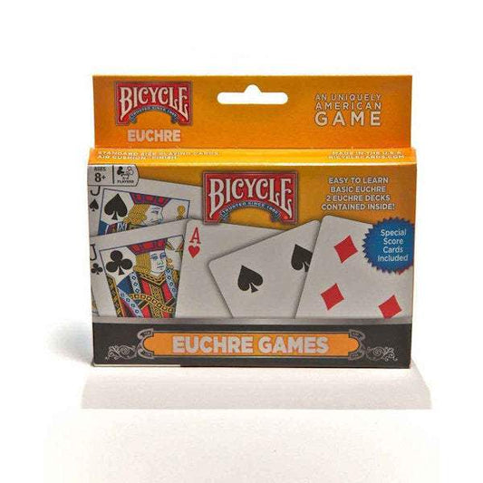 Bicycle Euchre playing cards with two decks, special score cards, and easy-to-learn instructions for the American card game Euchre
