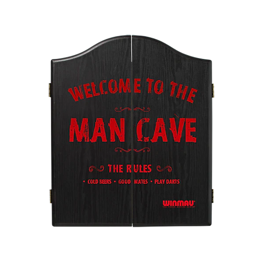 Winmau Man Cave Cabinet black veneer dartboard cabinet with red lettering and magnetic closure