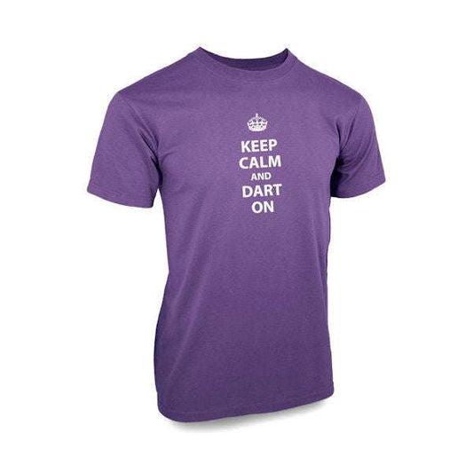 Adult Keep Calm and Dart On purple t-shirt with white text and crown graphic