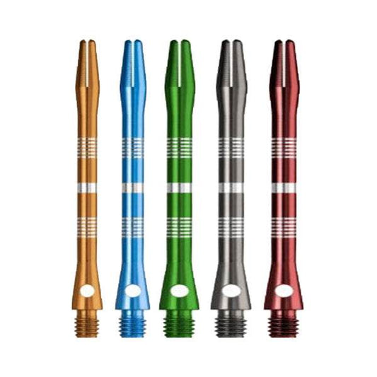 Set of regrooved alloy shafts in five vibrant colors including orange, blue, green, silver, and red designed for precision and durability.