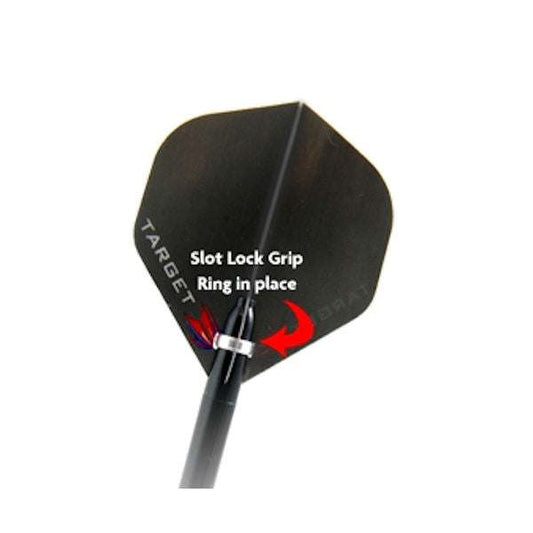 Target Slot Lock Rings securing flight to Target Pro Grip dart shaft with arrow indicator.