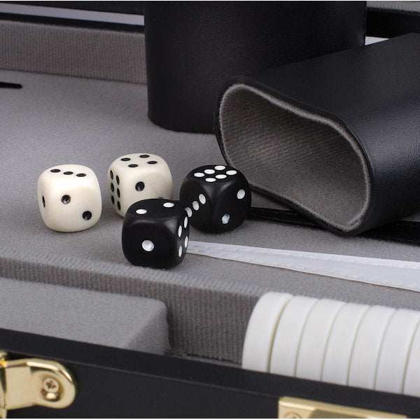 Backgammon close up of the dice and grey case