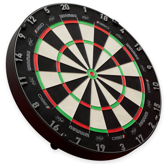 Winmau Blade 360 Dartboard visible branding of 360 and Winmau around the dartbaord with white background.