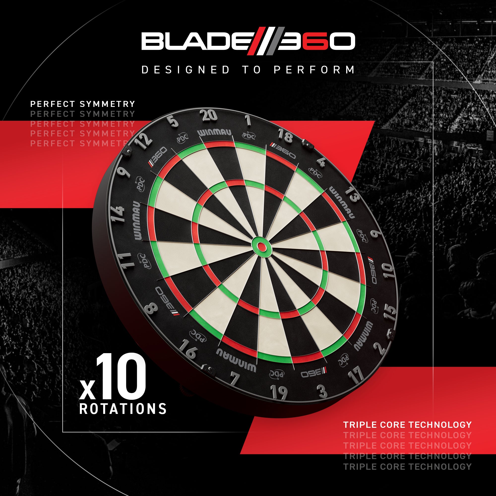 Dartboard with Blade360 branding on a dark background